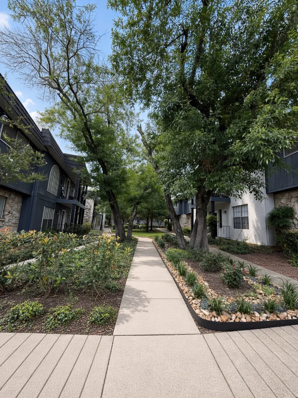 Tree-shaded courtyard walkway at Wilshire Woods Apartments