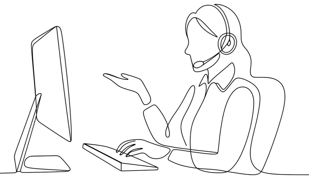 Illustration of a customer service representative wearing a headset at a computer